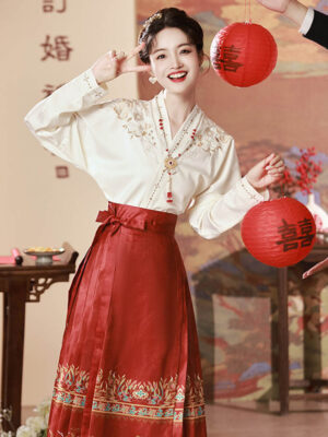 2024 Chinese Style Hanfu Set - Women's Ming Dynasty Horse-Face Skirt in Gold & Red