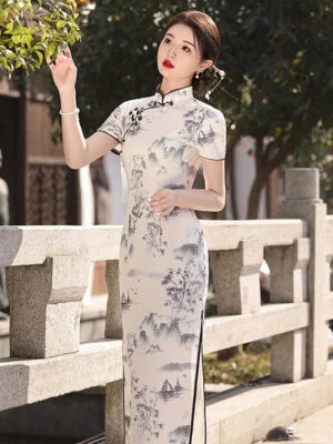 Spring New Ink-style Short-Sleeve Slim Long Qipao