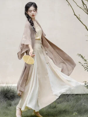 Song Dynasty Half-sleeve Overlapping Long Shirt Dress 3 Set