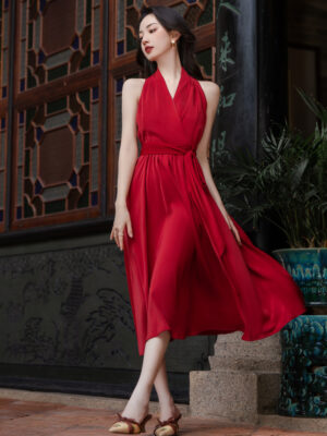 Hong Kong-style Halterneck Sexy French Red Dress