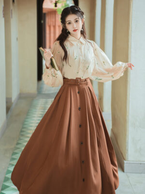 Embroidered Long Sleeve Blouse + Midi Skirt Set