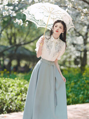 Light Blue Chinese-style Waist-Embracing Dress Set