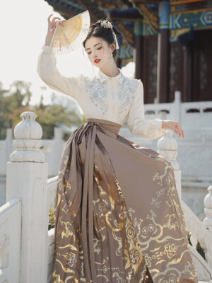 Embroidered long-sleeve top paired with a Coffee-colored horse-face skirt
