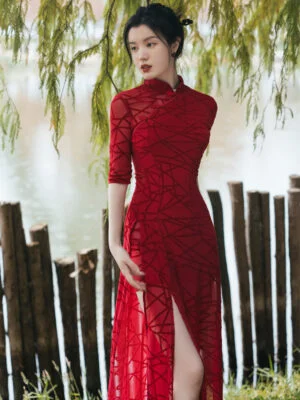 Red Mesh Velvet Floral Cheongsam Dress