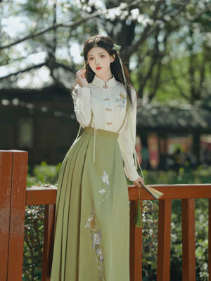 White Floral Embroidered Top with Light Green Dress Set