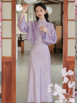National style buckle stand-up collar jacquard dress